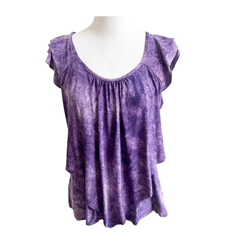 Roz & Ali Blouse Top Womens XL Purple Tie Dye Ruffled Floral Swirl Romantic Y2K